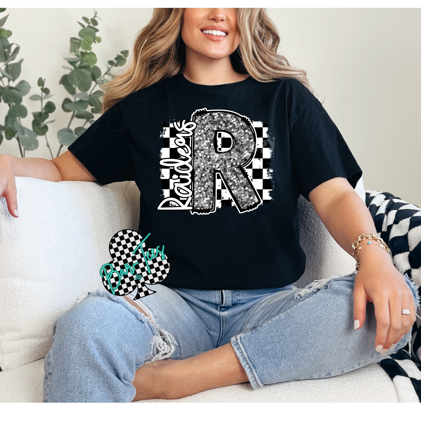 Raiders Checkerd Faux Glitter Mascot Tee