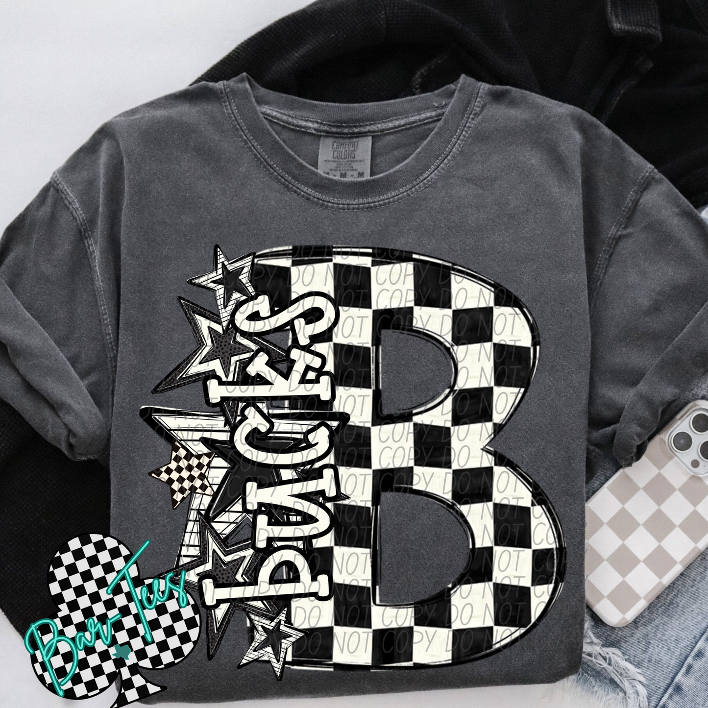 Black & White Checkered Mascot Sweatshirt or tee (can add sleeve design)
