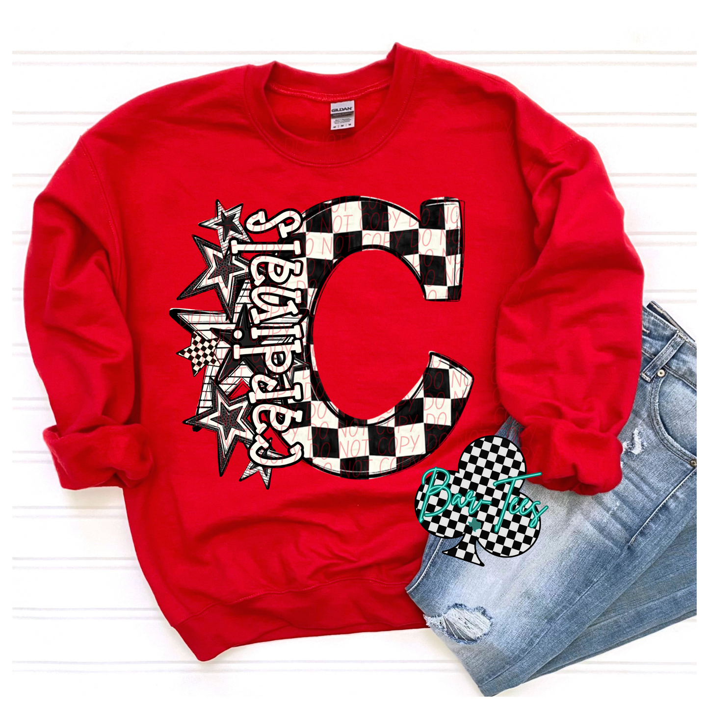 Black & White Checkered Mascot Sweatshirt or tee (can add sleeve design)