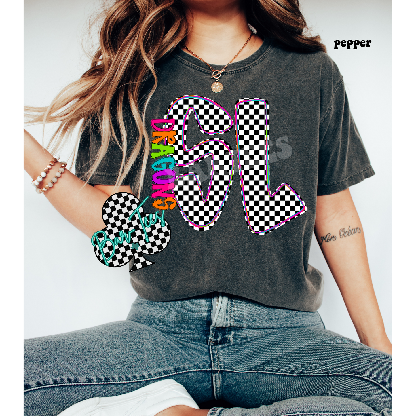 South Lawn Dragons Neon Checkered Monogram Tee
