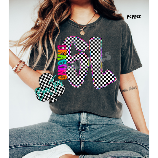 South Lawn Dragons Neon Checkered Monogram Tee