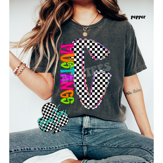 Claude Mustangs Neon Checkered Monogram Tee