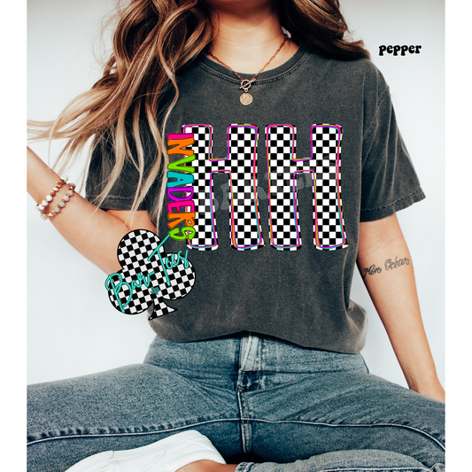 Humphrey's Highland Invaders Neon Checkered Monogram Tee