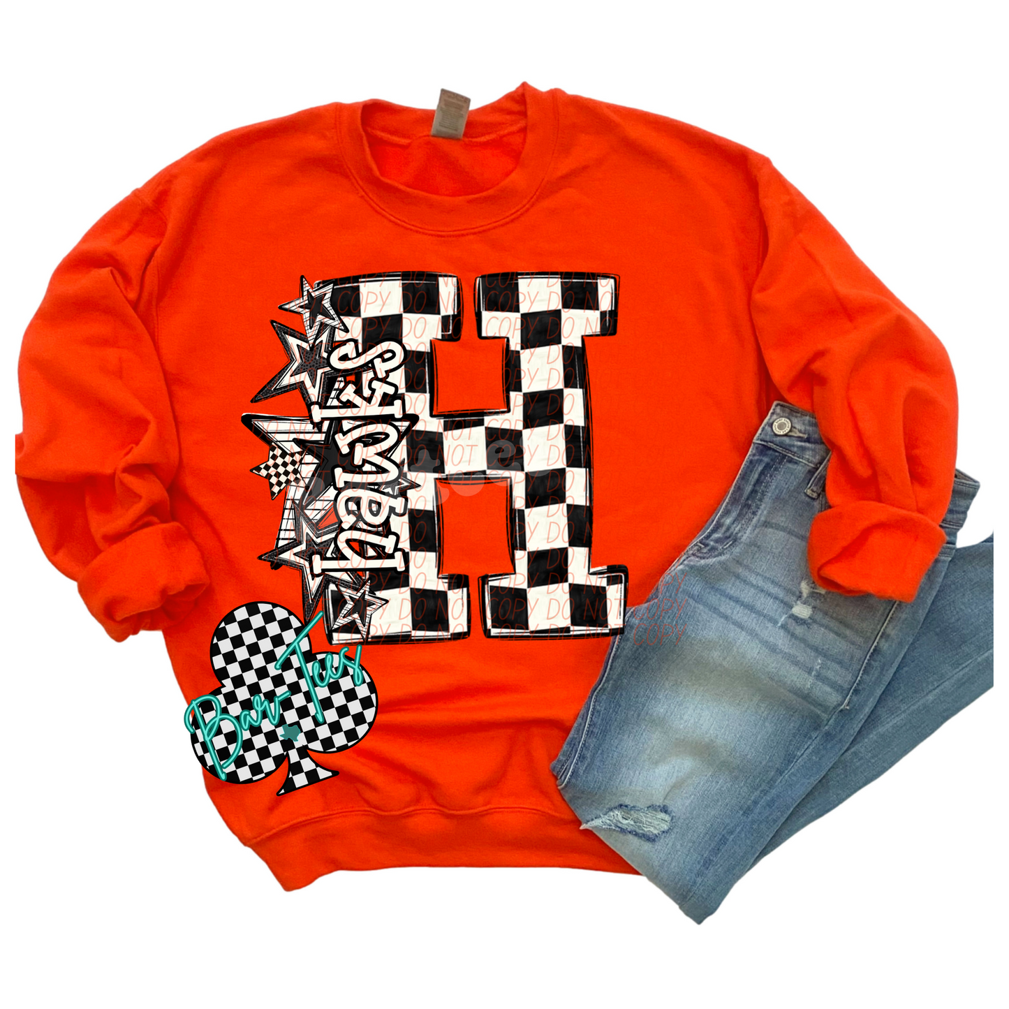 Black & White Checkered Mascot Sweatshirt or tee (can add sleeve design)