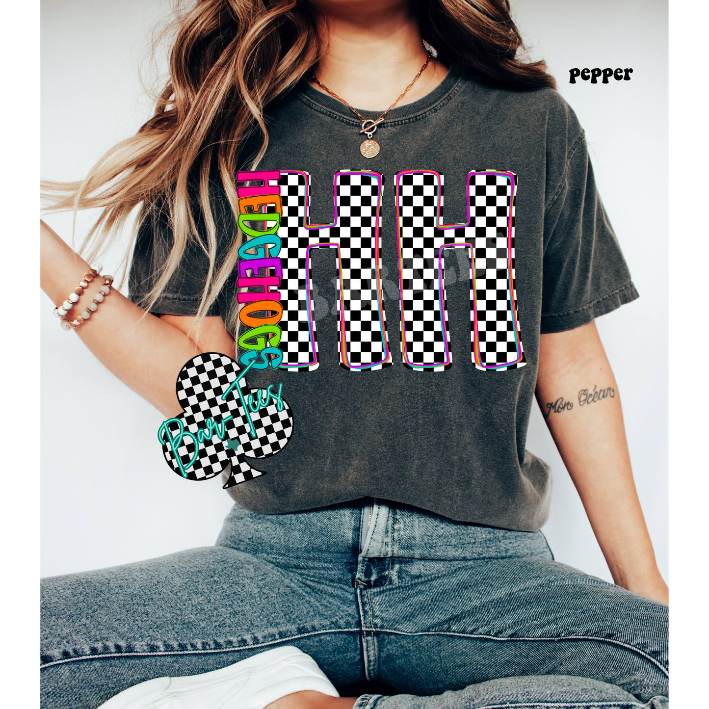 Heritage Hills Hedgehogs Neon Checkered Monogram Tee
