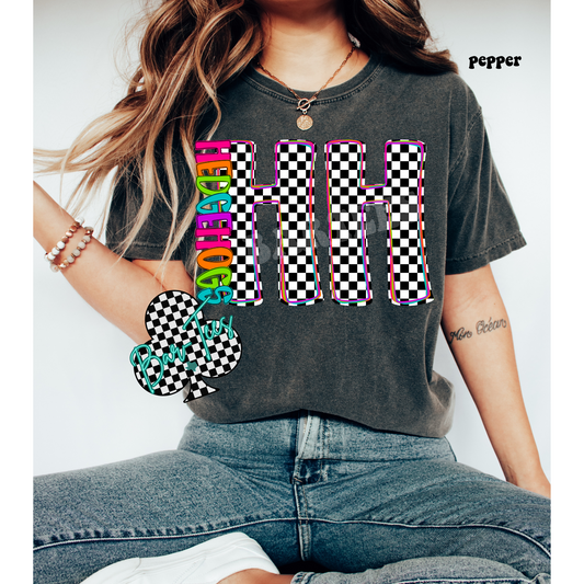 Heritage Hills Hedgehogs Neon Checkered Monogram Tee