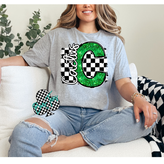 Cactus Checkerd Faux Glitter Mascot Tee