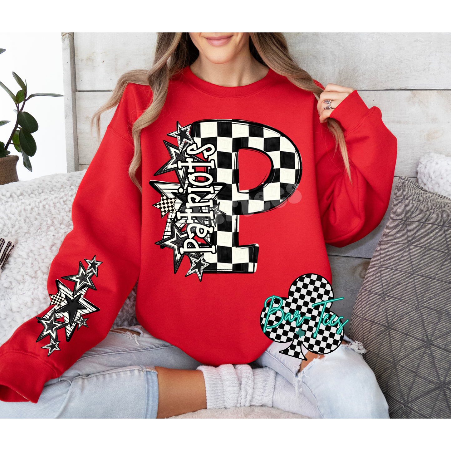 Black & White Checkered Mascot Sweatshirt or tee (can add sleeve design)