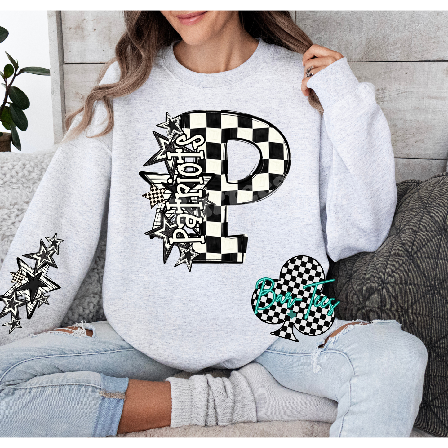 Black & White Checkered Mascot Sweatshirt or tee (can add sleeve design)