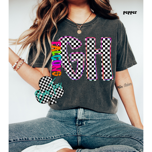 Gene Howe Falcons neon monogram Mascot Tee
