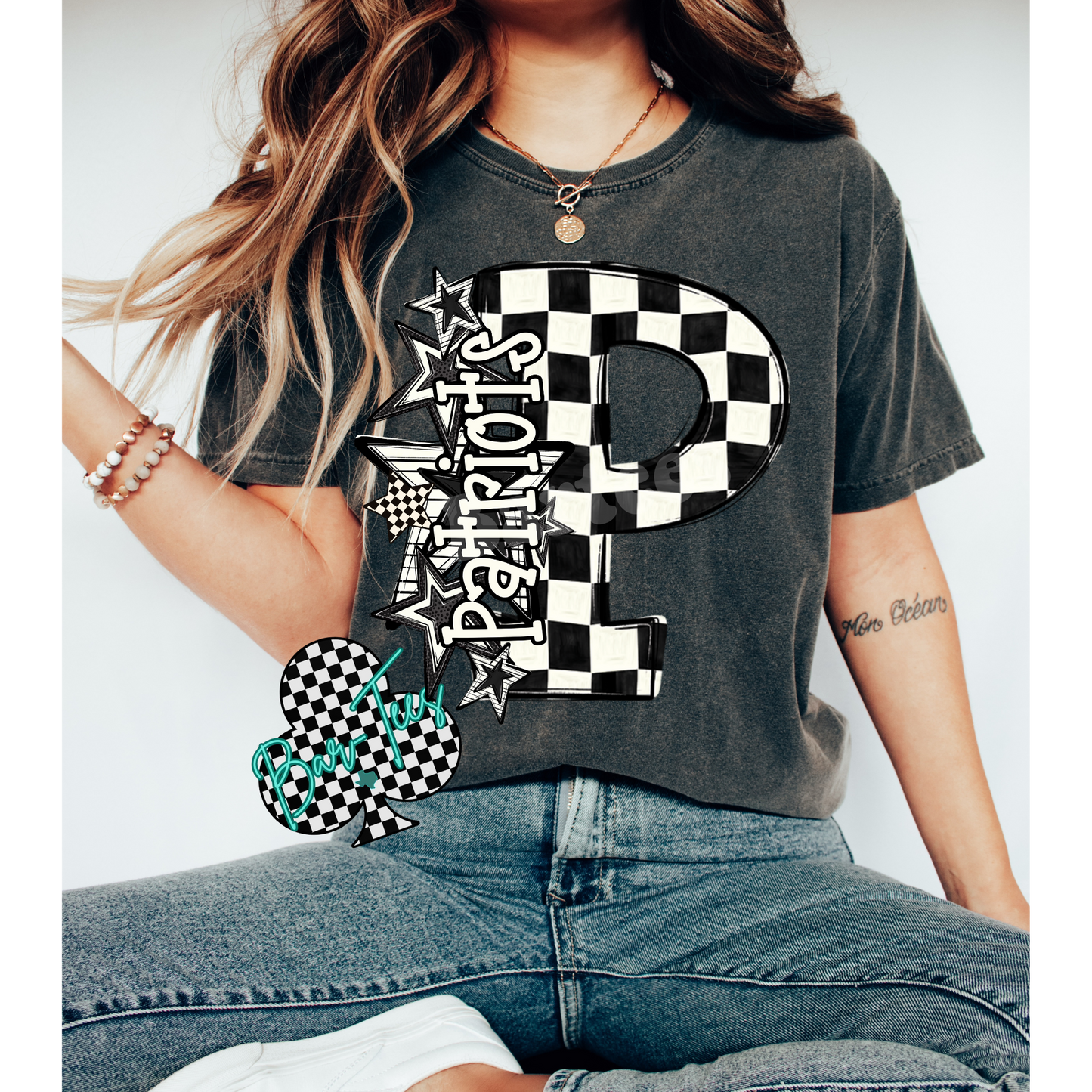 Black & White Checkered Mascot Sweatshirt or tee (can add sleeve design)