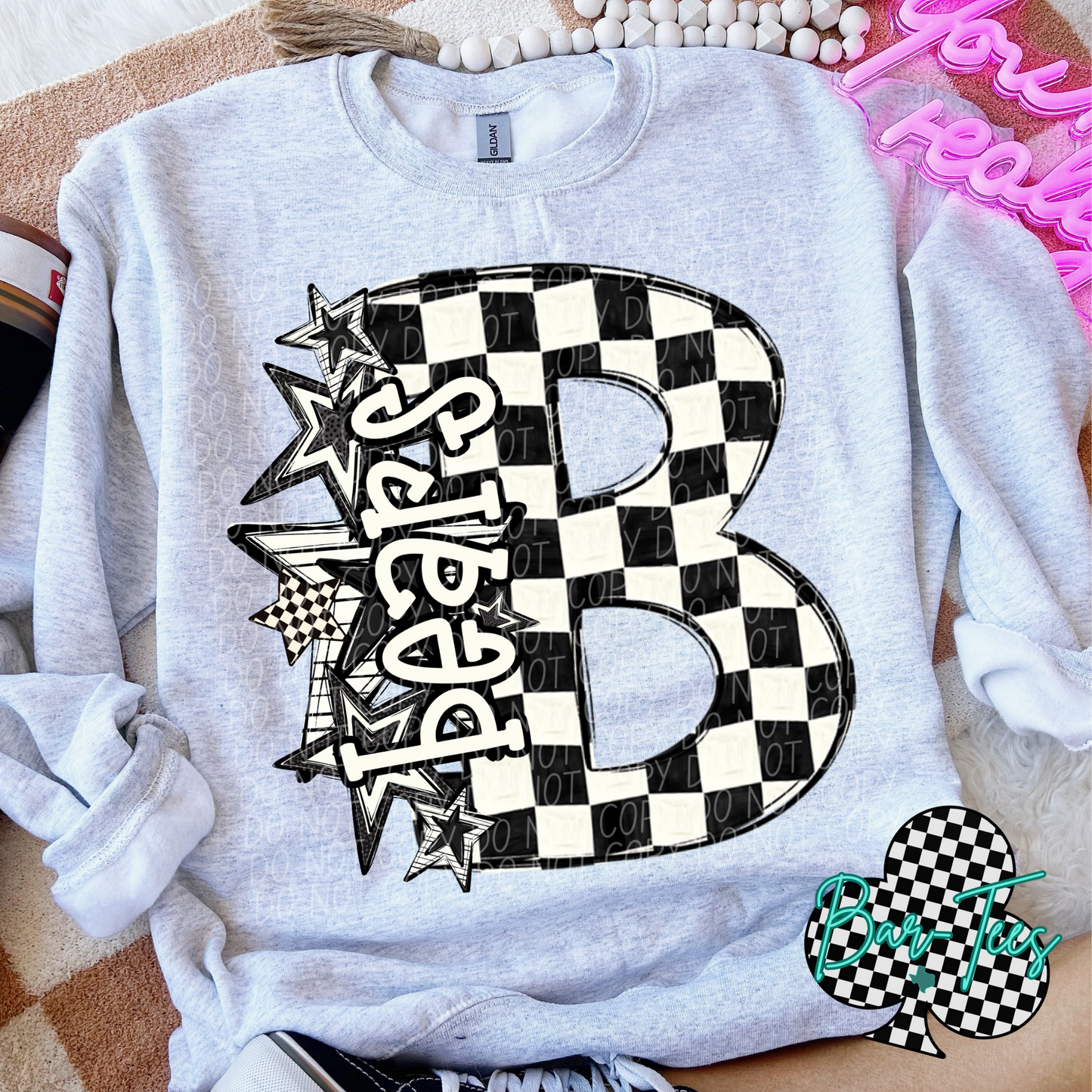 Black & White Checkered Mascot Sweatshirt or tee (can add sleeve design)