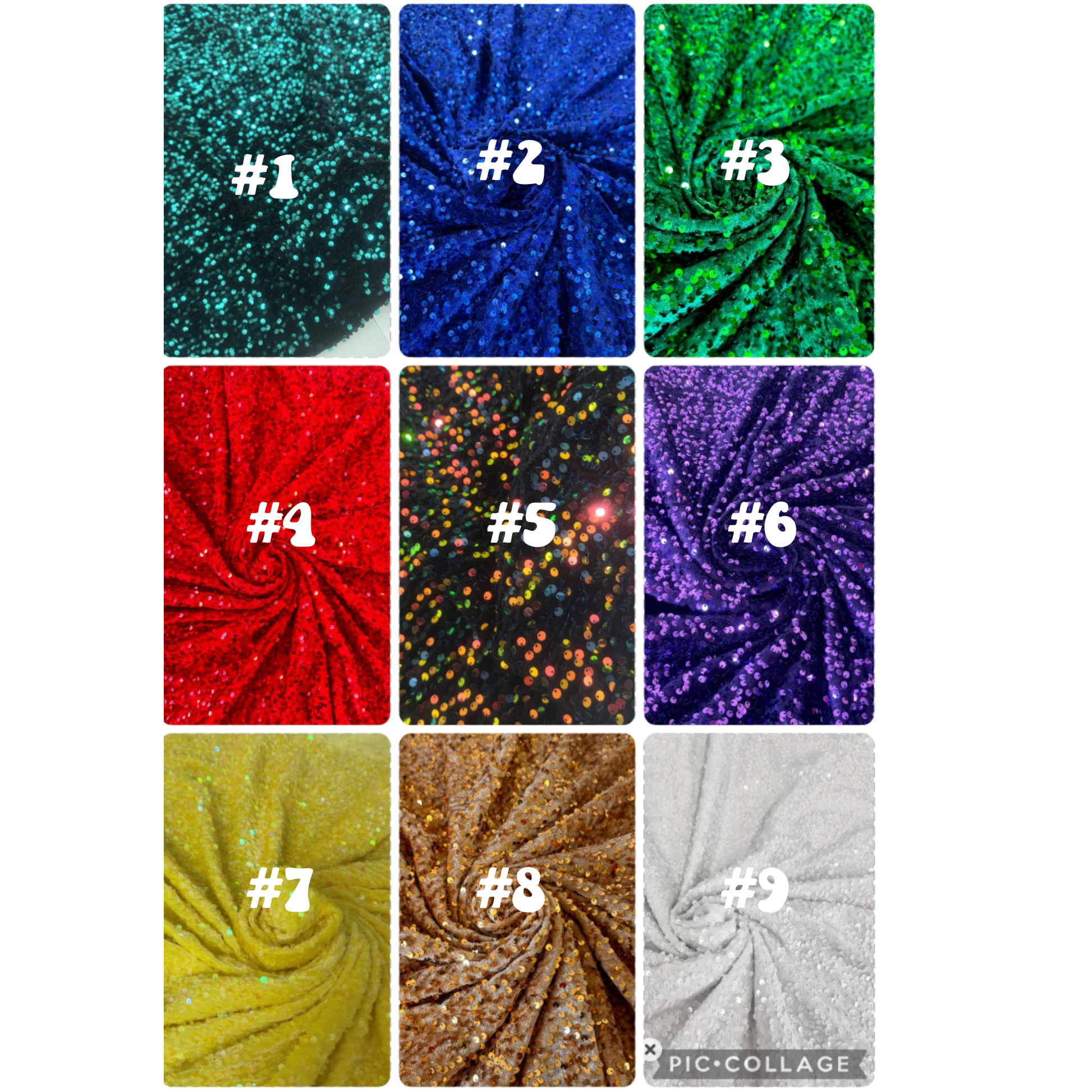 Collage of colorful glittery fabric swatches with numbers indicating color options.