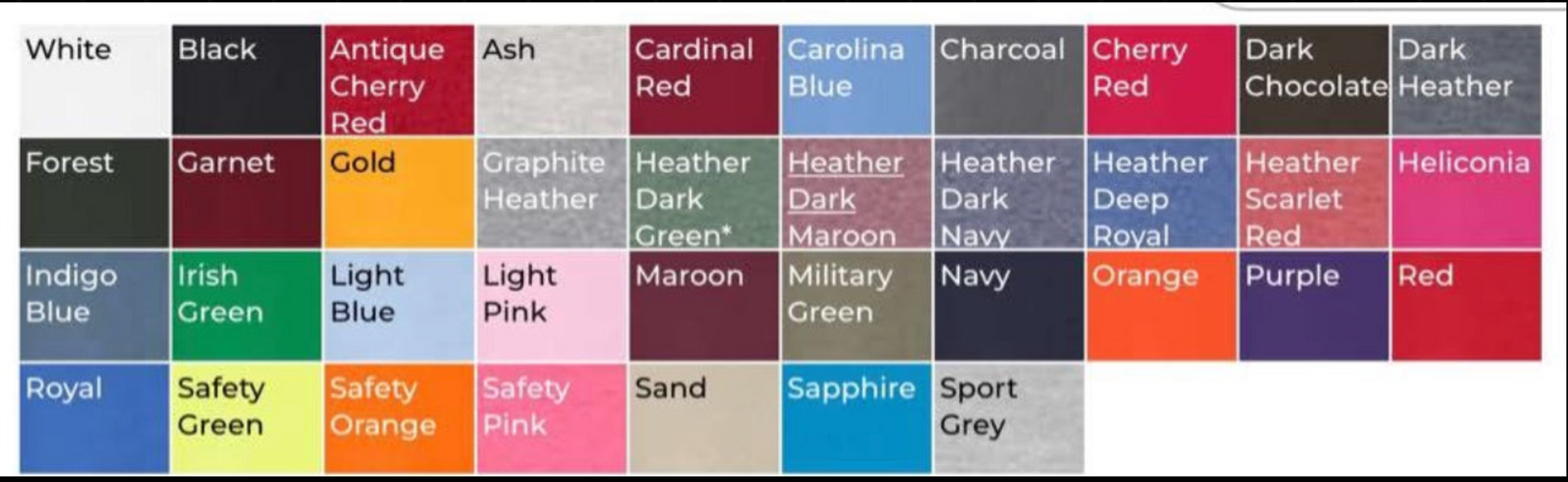 Color swatch chart with various color names and codes.