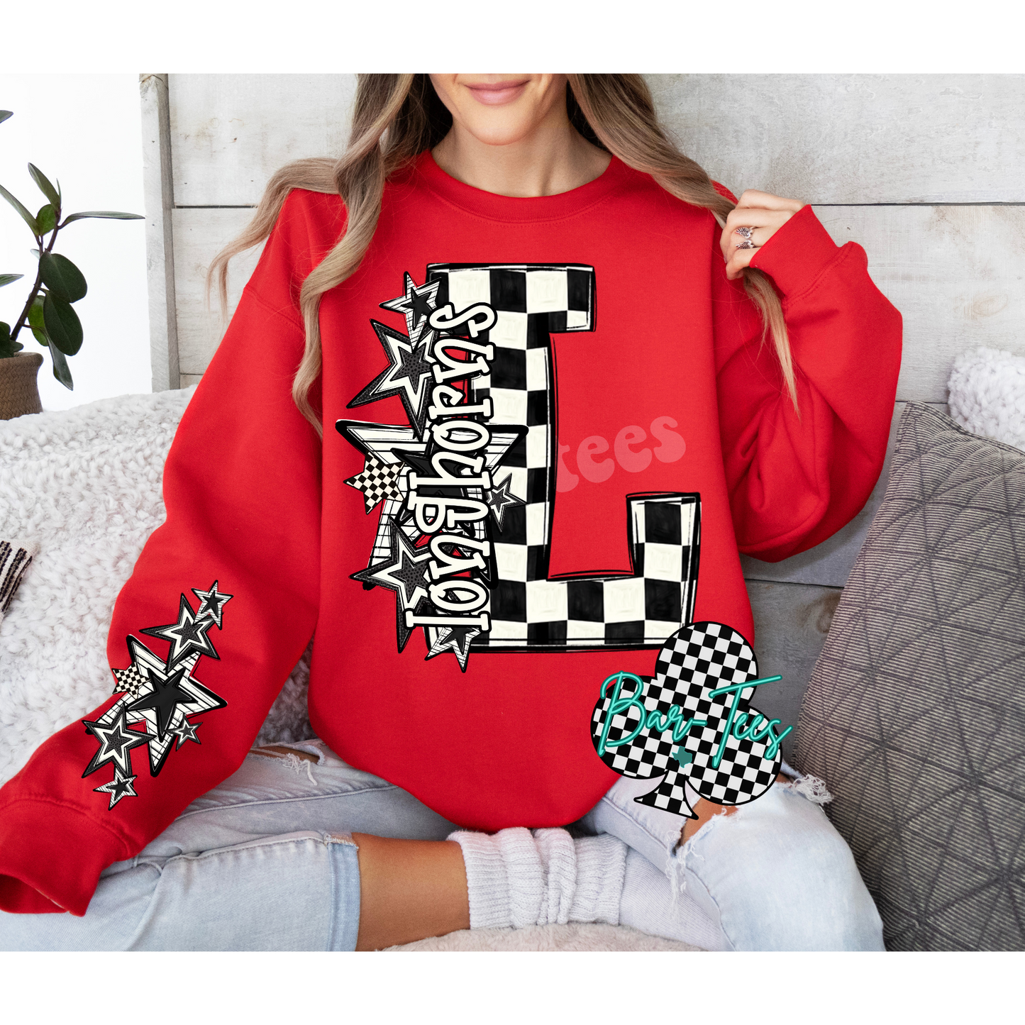 Logan Longhorns Black & White Checkered Mascot Sweatshirt or tee (can add sleeve design)