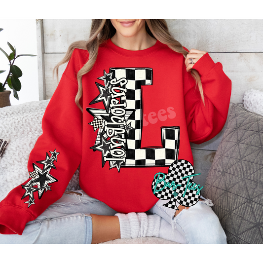 Logan Longhorns Black & White Checkered Mascot Sweatshirt or tee (can add sleeve design)