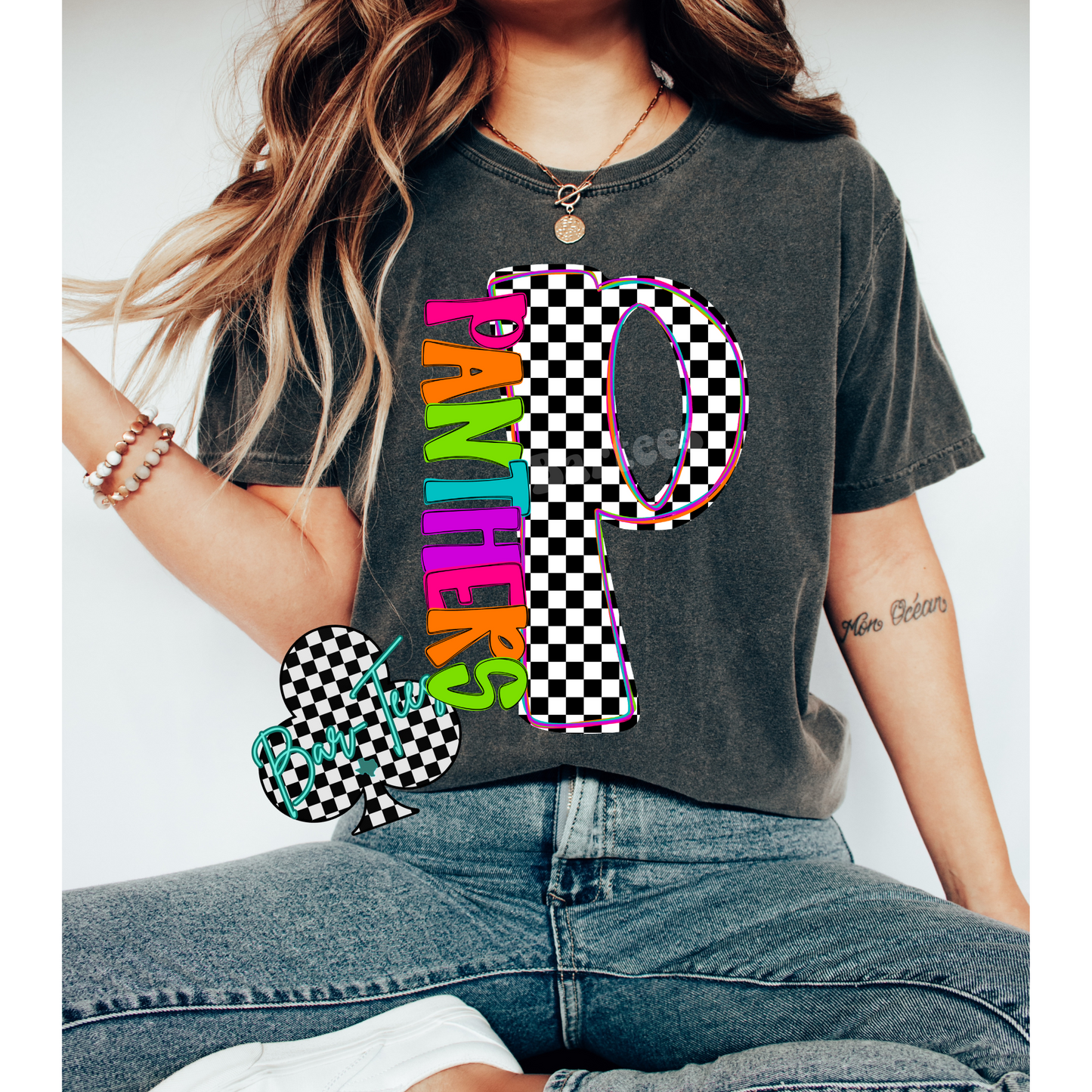 Panhandle Panthers Neon Checkered Monogram Tee