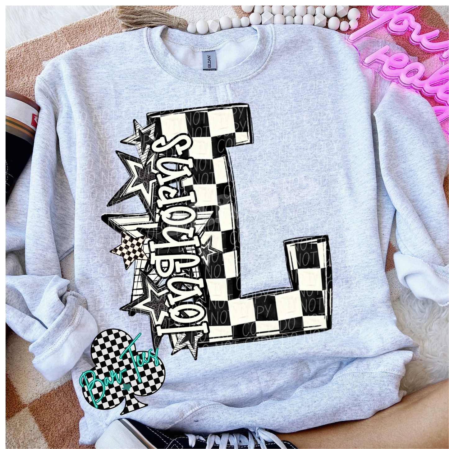 Logan Longhorns Black & White Checkered Mascot Sweatshirt or tee (can add sleeve design)
