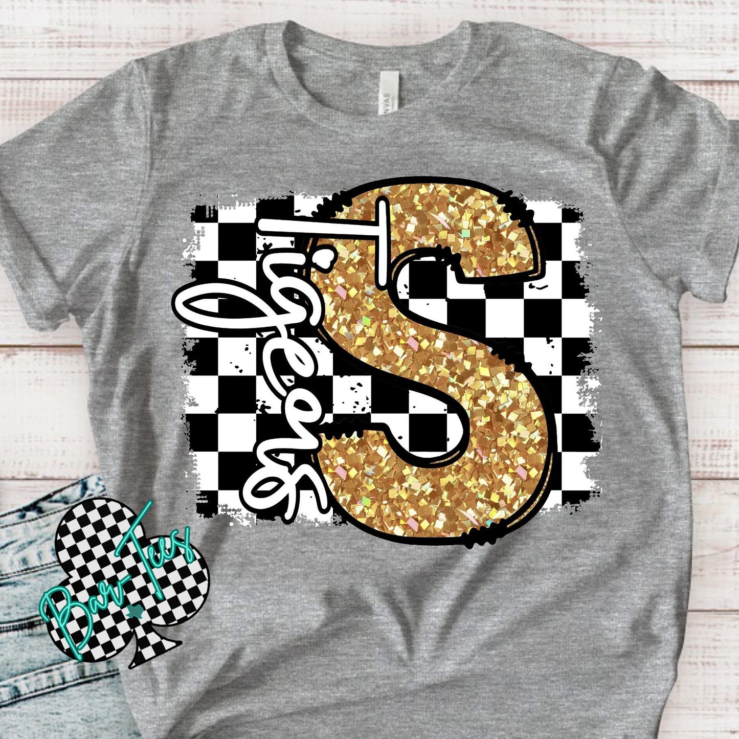 Custom Checkerd Faux Glitter Mascot Tee