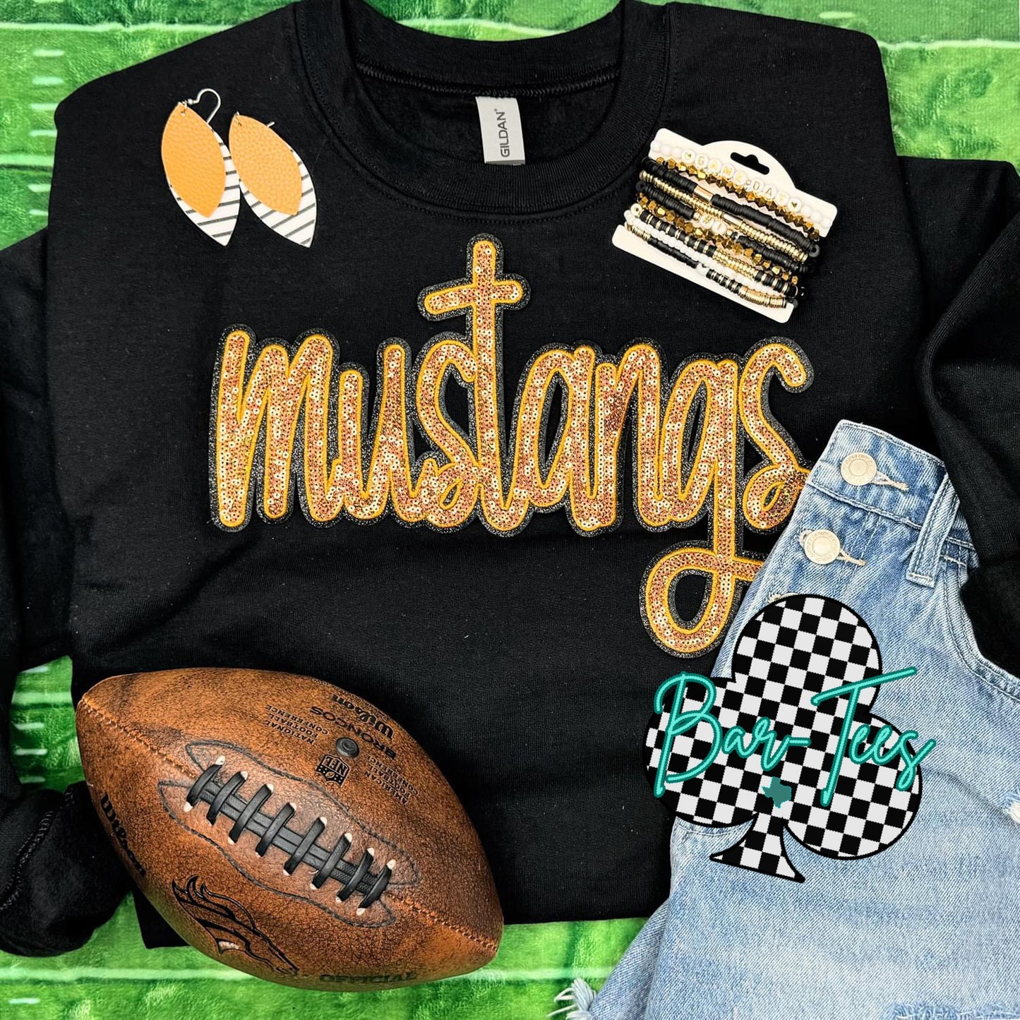 Gold sequin Mustangs patch sweatshirts